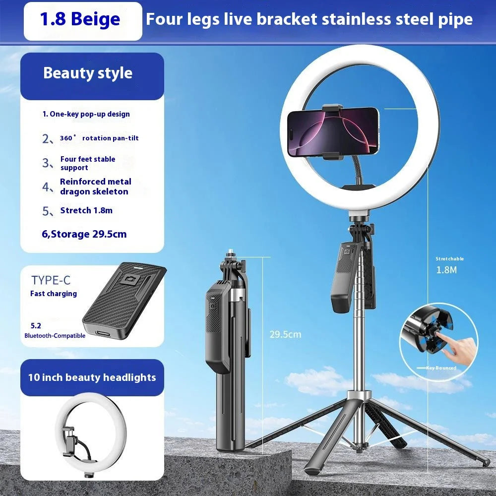 P18 Portable Photography Live Streaming Selfie Stick Anti-Shake Gimbal 4-Leg Bracket with 10 Inch Ring Light - Black - 2