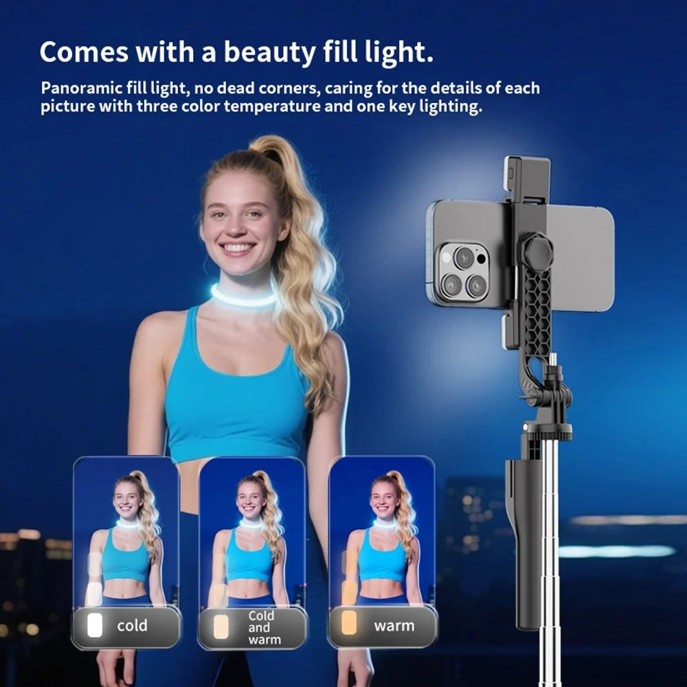 K50 Single Phone Clip TikTok Bluetooth-Compatible Selfie Stick 1.9m Extendable Tripod with 1 Fill Light - Black - 4