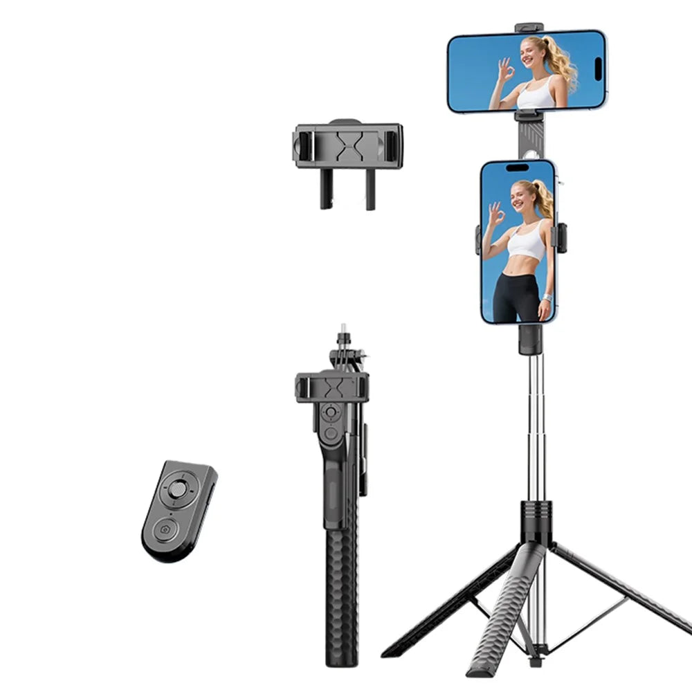 K50 Dual Phone Clip TikTok Bluetooth-Compatible Selfie Stick 1.9m Extendable Live Streaming Tripod - Black - 1