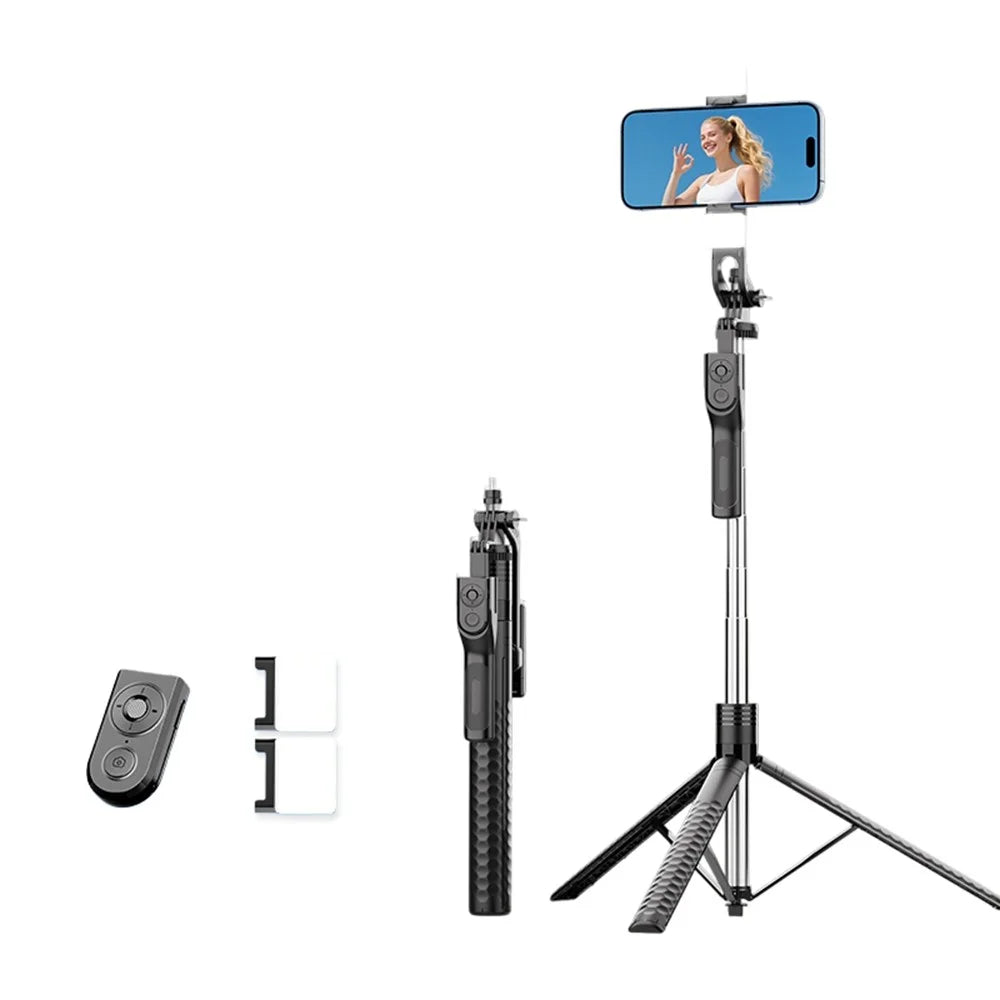 K50 Single Phone Clip TikTok Bluetooth-Compatible Selfie Stick 1.9m Extendable Tripod with 2 Fill Lights - Black - 1
