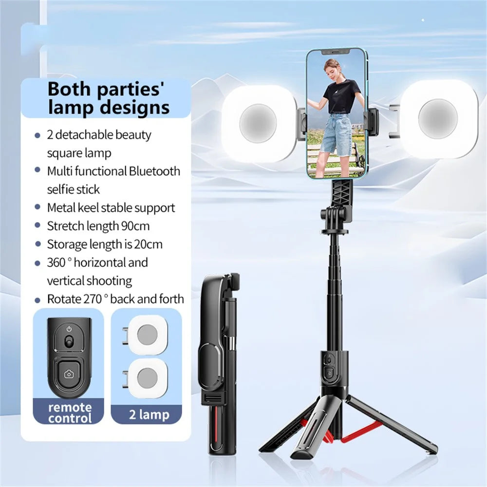 K26 Bluetooth-Compatible Phone Selfie Stick Portable Travel Extendable Tripod with 2 Square Fill Lights - Red - 2