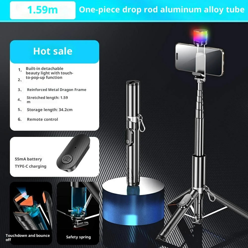 P24-D Portable Phone Tripod Stand with Fill Light for Live Streaming Anti Shake Extendable Selfie Stick - Black - 2