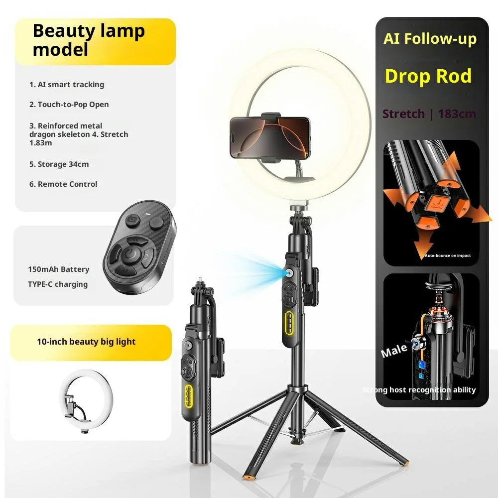 Q625 1.83m Bluetooth-Compatible Quadripod Selfie Stick AI Tracking with 10 inch Fill Light Anti-Shake - Black - 2