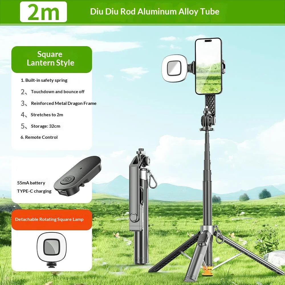 P61 Stretchable Selfie Stick with Square Fill Light, Auto Pop-Up Cell Phone Tripod Stand Remote Control for Live Streaming / Video Recording - 2