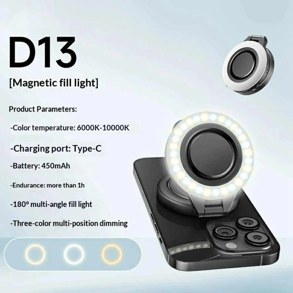 D13 Magnetic Ring Light for Phone Photography 180° Rotating Portable LED Fill Light with 3 Color Modes - Black - 2