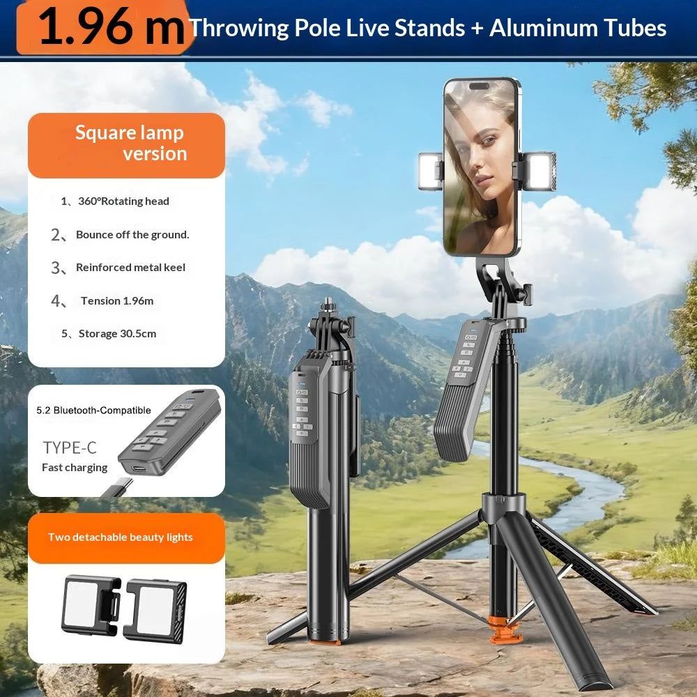 T02TK 360 Degrees Rotation Selfie Stick Tripod with 2Pcs Detachable Beauty Lights Bluetooth-compatible Remote Control Phone Tripod Stand - Black - 2
