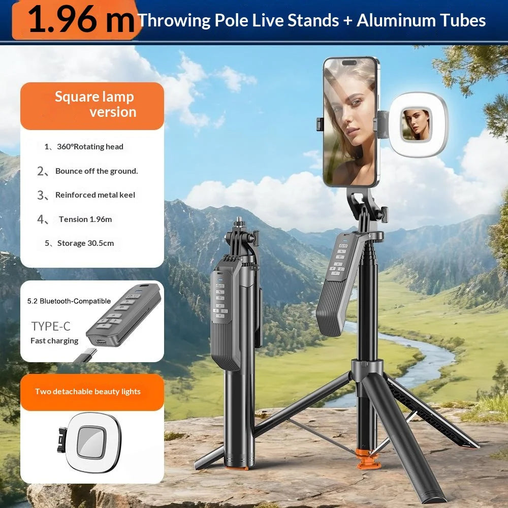 T02TK Selfie Stick Tripod with Single Removable Rotating Square Light 360 Degrees Rotation Remote Control Phone Tripod Stand - 2