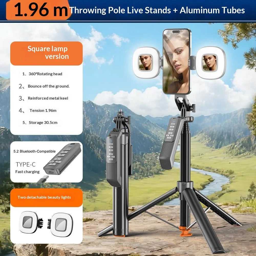 T02TK Multi-axis Rotation Selfie Stick Tripod with 2Pcs Removable Rotating Square Lights Bluetooth-compatible 5.2 Remote Control Touch Phone Tripod Stand - 2
