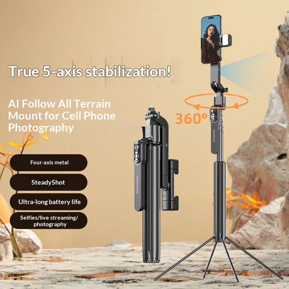 FUNSNAP A8 AI Tracking Phone Tripod 1.9m Extendable 4-Leg Stand for Live Streaming Video Recording (without Fill Light) - Black - 2