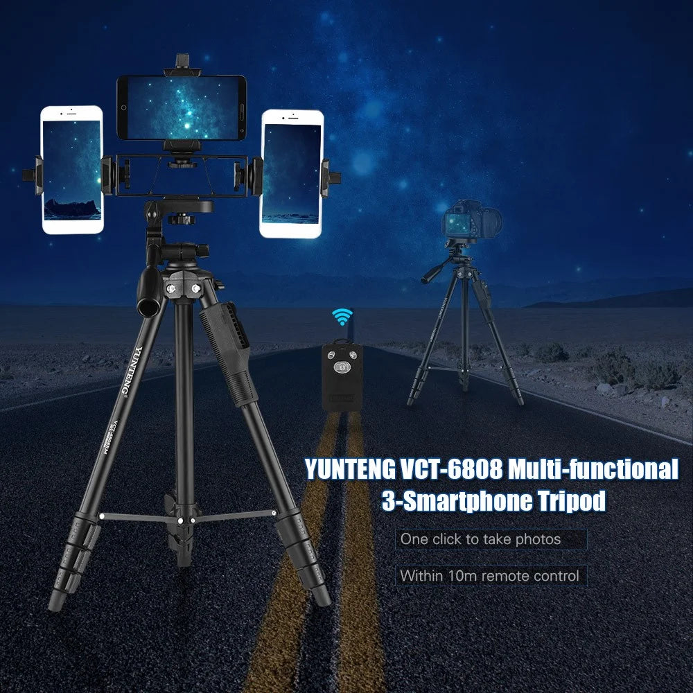 YUNTENG VCT-6808 Multifunctional Mobile Phone Tripod Stand 4 Sections Adjustable Tripod with 3 Mobile Phone Holders/Ball Gimbal/Remote Control - 6
