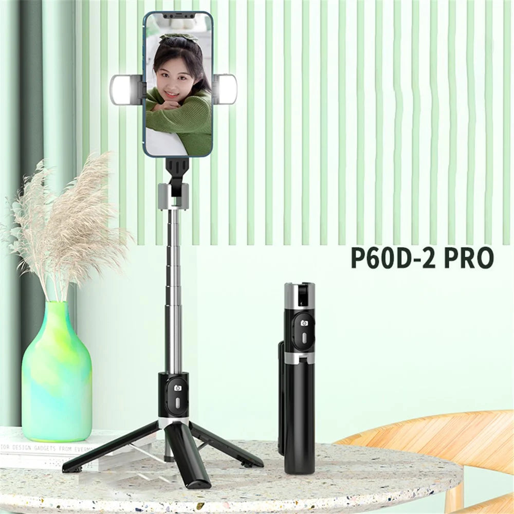 P60PRO Extendable Selfie Stick with Dual Fill Lights and Wireless Bluetooth-compatible Remote Control Portable 1.1m Tripod Stand- Black - 2