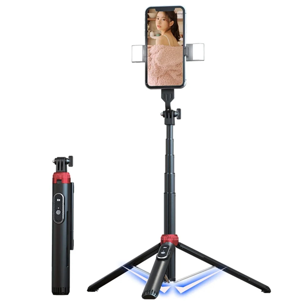 P160D-2 1.6m Extendable Selfie Stick Stable Tripod Stand with Dual Fill Lights and Wireless Bluetooth-compatible Remote Control - Black - 1
