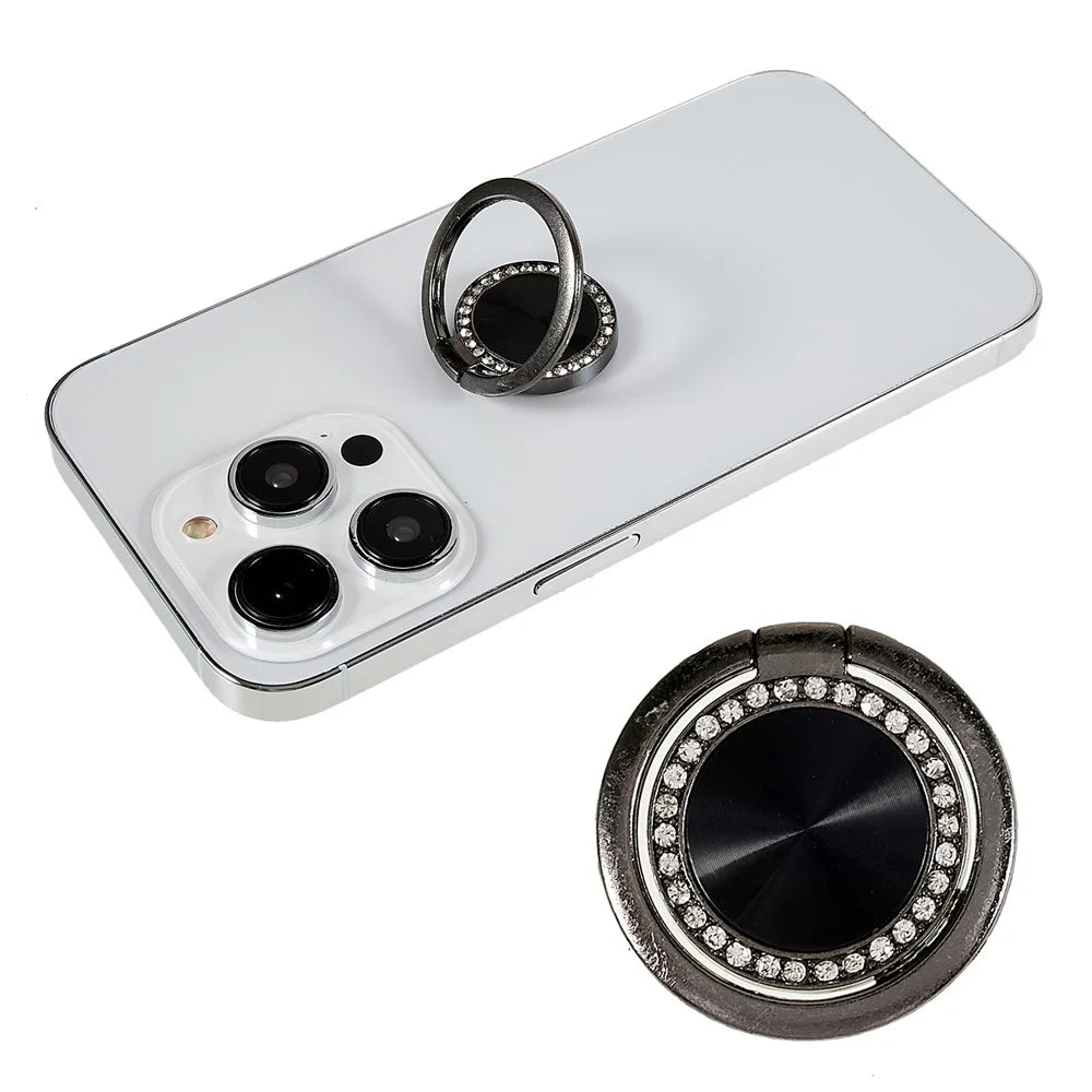 Rhinestone Decor Phone Ring Kickstand Holder CD Veins Rotation Metal Finger Grip Adjustable Cellphone Stand - Black - 1