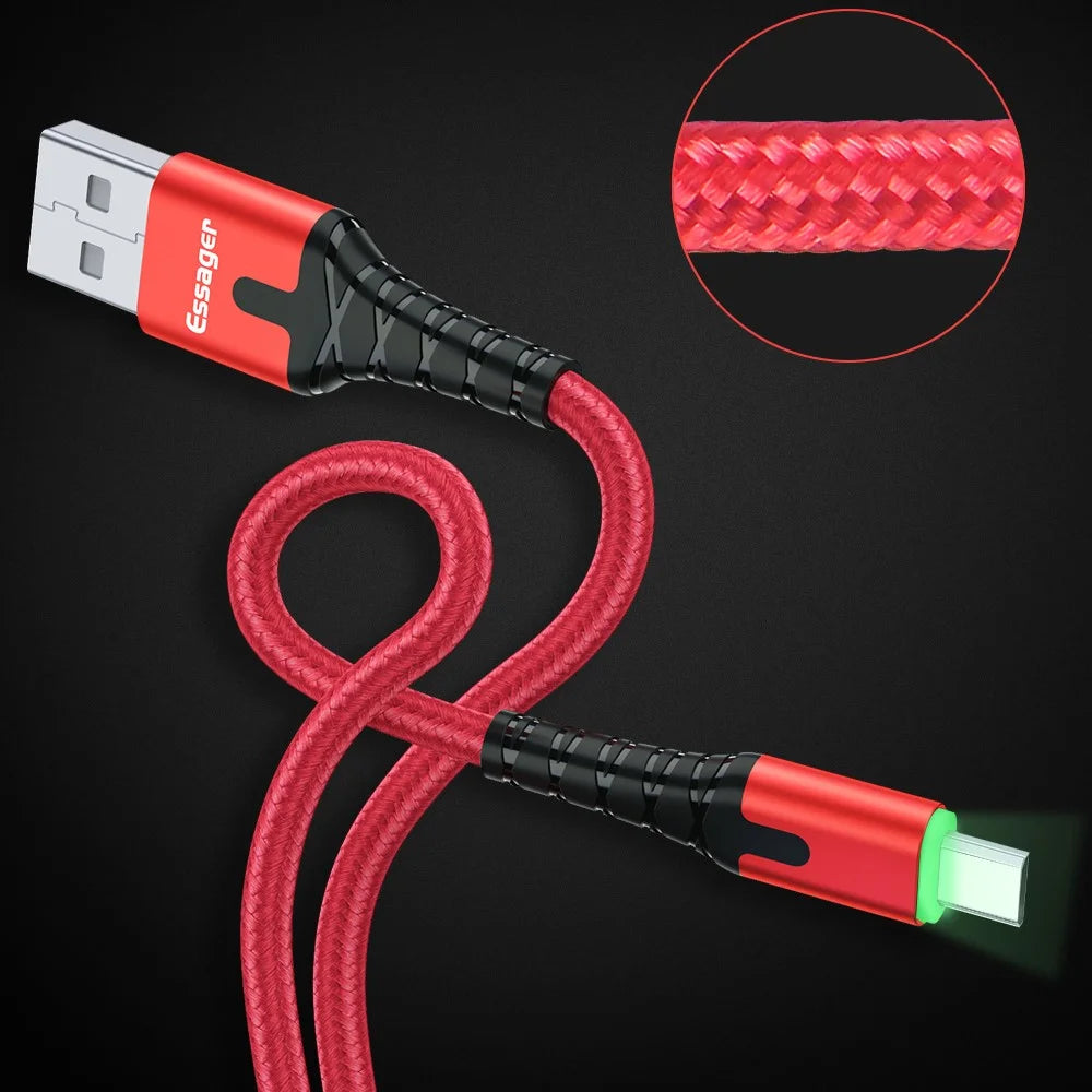 ESSAGER Micro USB to USB Nylon Braided Data Sync Charging Cord with LED Indicator 2m - Red - 2
