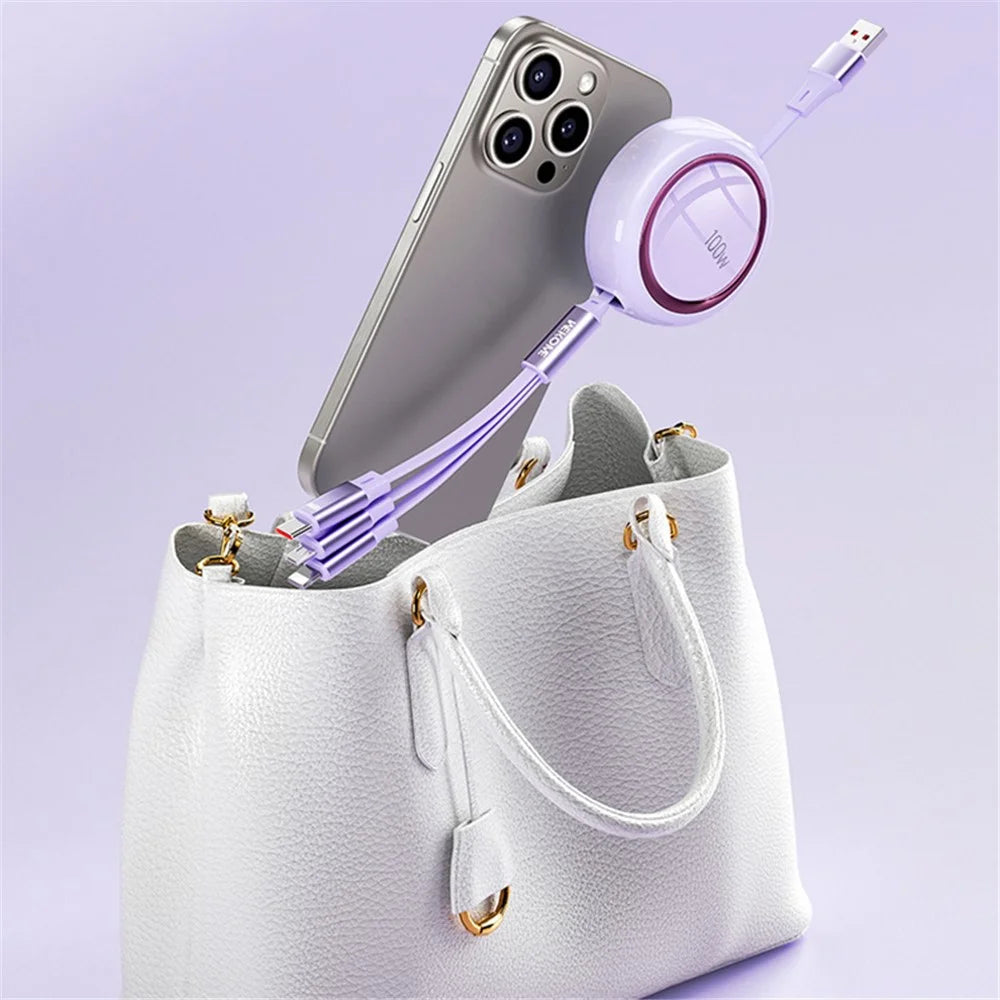 WEKOME WDC-18 Star Series 1.2m 3-in-1 Retractable 100W Fast Charging Cable Date Cord - Purple - 6