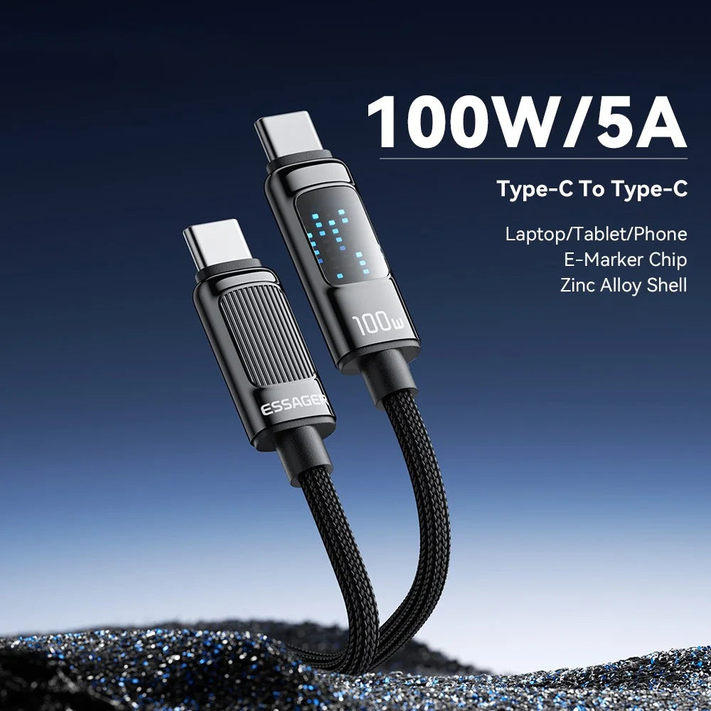 ESSAGER Dazzling Light Effect 2m Type-C to Type-C Data Cable 100W Braided Fast Charging Cord - 2