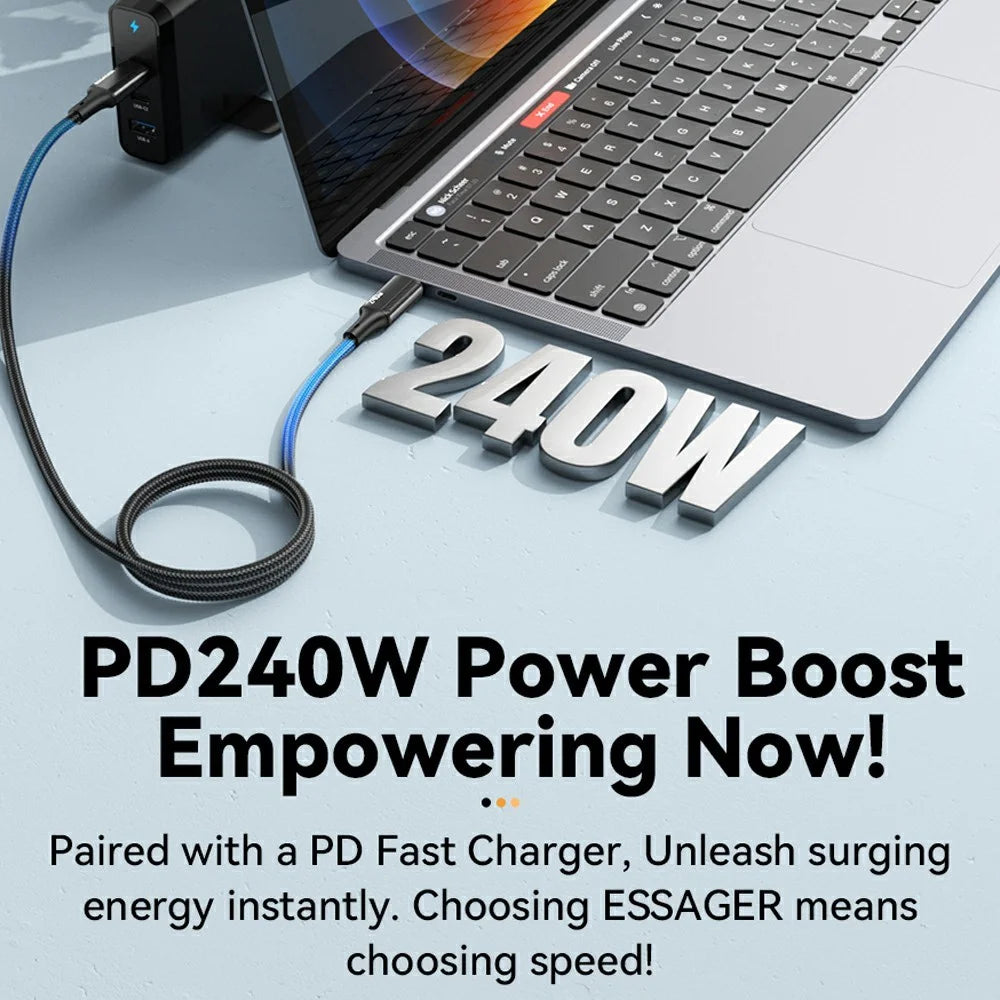 ESSAGER 2m Type-C to Type-C PD 240W Data Cable Braided Phone Laptop Fast Charging Cord - Black - 2
