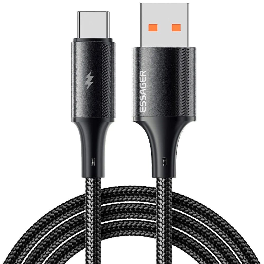 ESSAGER 2m USB-A to Type-C 120W Braided Data Cable for Xiaomi Phone Fast Charging Cord - Black - 1