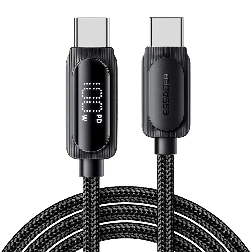 ESSAGER 2m Type-C to Type-C PD 100W Data Cable Digital Display Braided Fast Charging Cord - 1