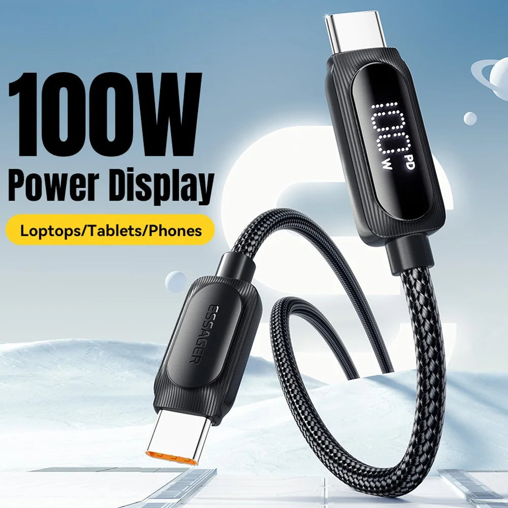 ESSAGER 3m Type-C to Type-C PD 100W Digital Display Data Cable Braided Fast Charging Cord - 2