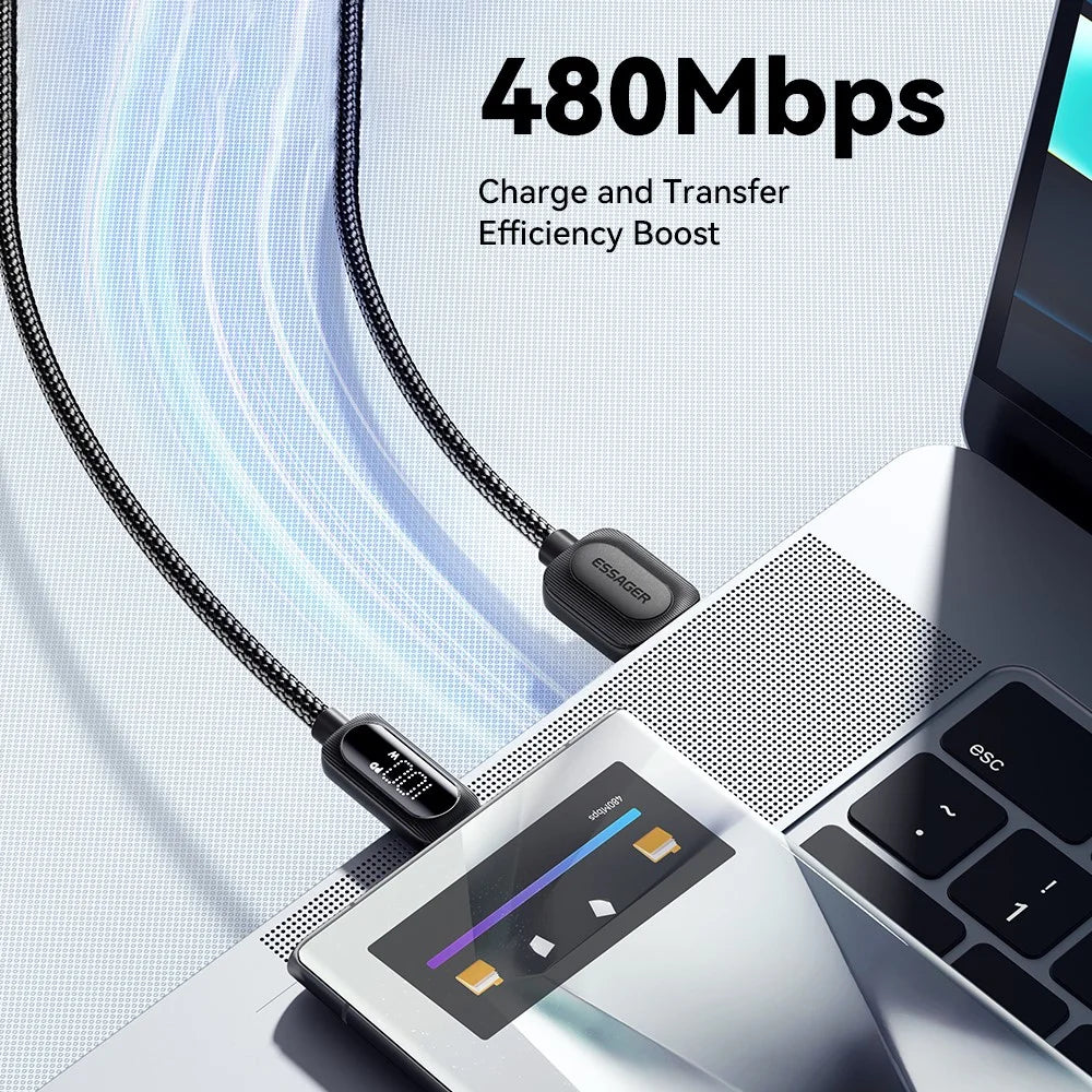 ESSAGER 2m USB-A to Type-C 7A Fully Compatible Digital Display Fast Charging Data Cable - 5