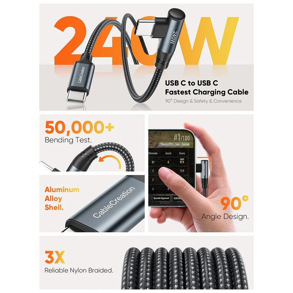 CABLECREATION CC1307 1.83m Type-C to Elbow Type-C 240W Fast Charging Cord Phone Laptop Data Cable - 2