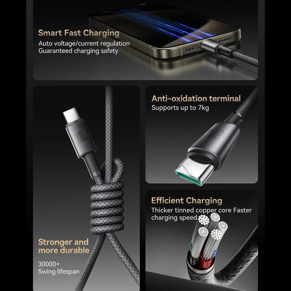 JOYROOM S-A50 1.2m Type-C to Type-C 60W Fast Charging Data Cable with Magnetic Cable Holder for iPhone 16-15 Series - Dark Grey - 6