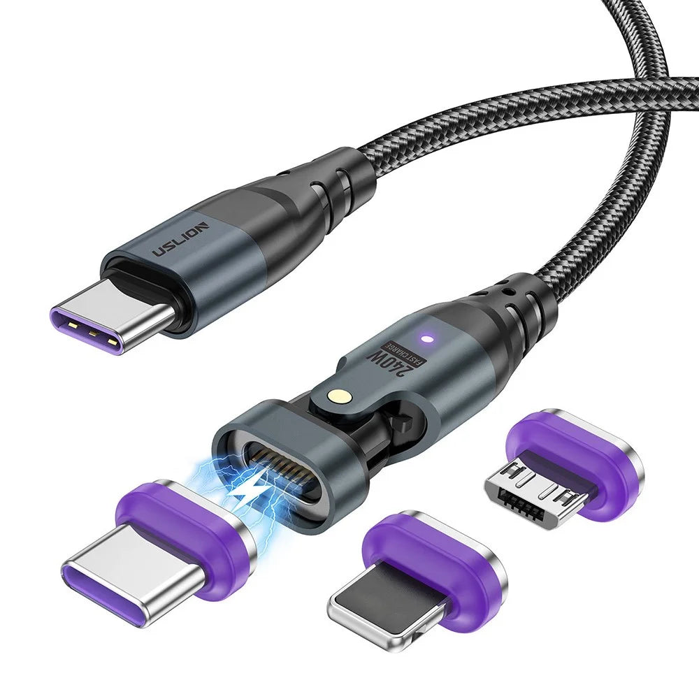 USLION US0203 1.8m Type-C to iP / Type-C / Micro Rotatable Connector Magnetic Charging Cable 240W Data Cable - 1