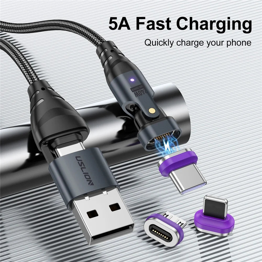 USLION US0204 1.8m USB / Type-C 2 to 1 Data Cable 180-Degree Rotation 240W Magnetic Charging Cable - iP - 2