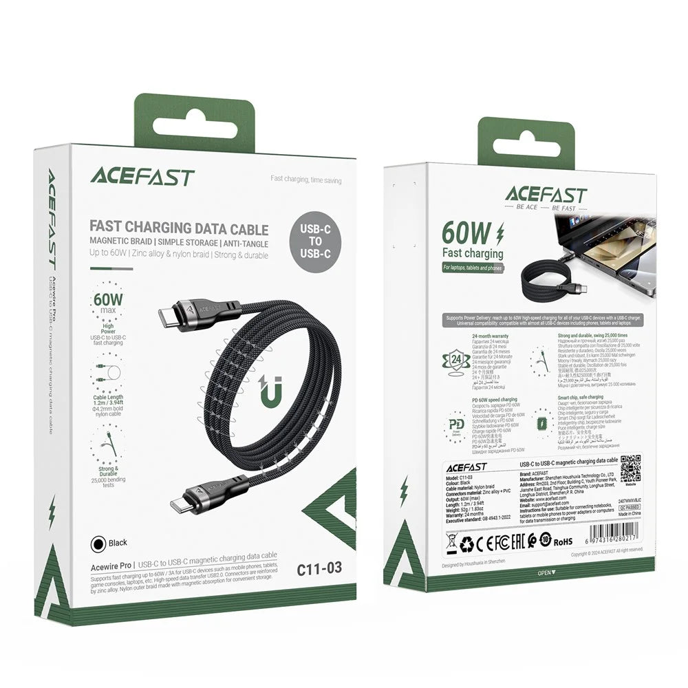 ACEFAST C11-03 1.2m USB-C to USB-C 60W Fast Charging Cable Magnetic Braided Data Cord - 7