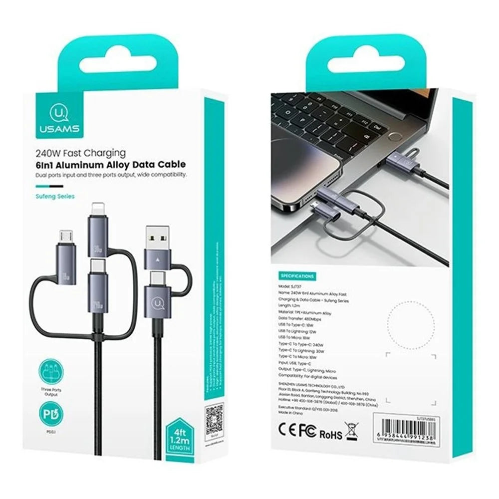 USAMS SJ737 1.2m 240W Multi Charging Cable 6-in-1 Aluminum Alloy Fast Charging Data Cord - 6