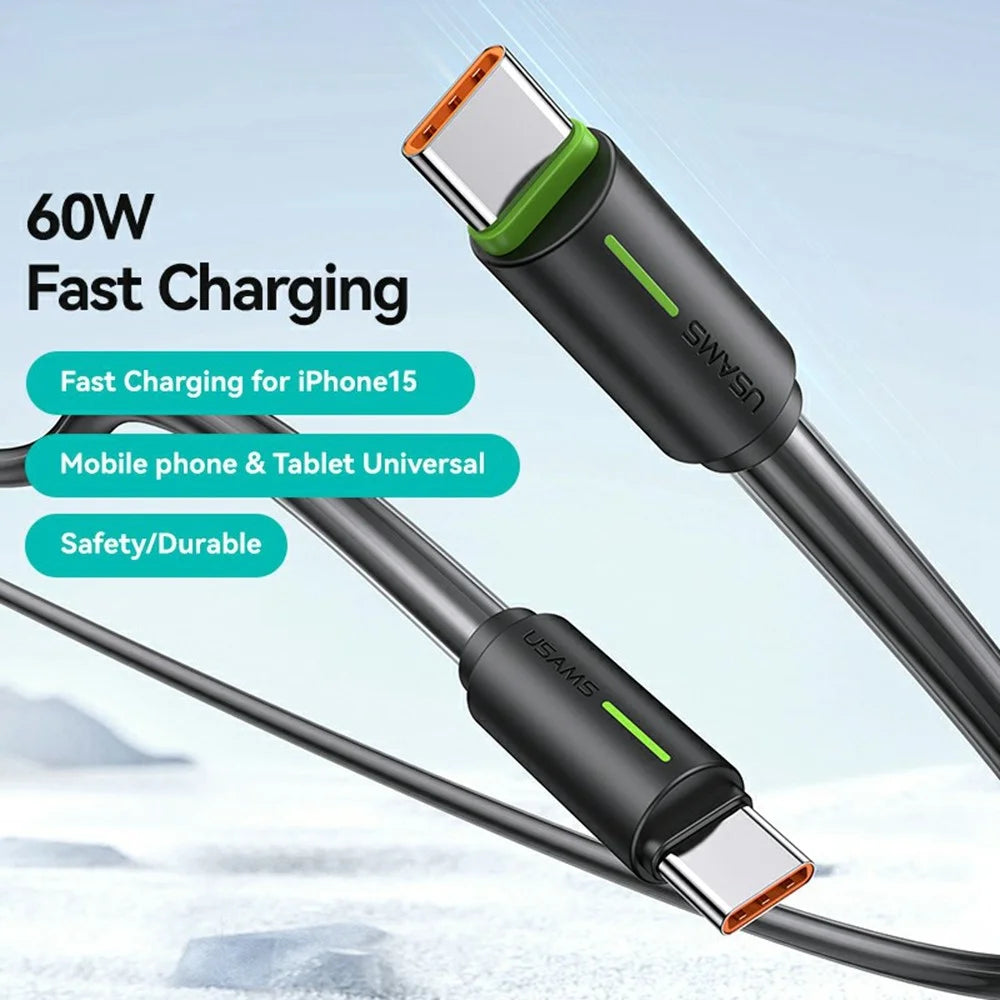 USAMS SJ734 1m 60W Type-C to Type-C Fast Charging Cable Bicolor PVC Data Sync Cord - Black - 2