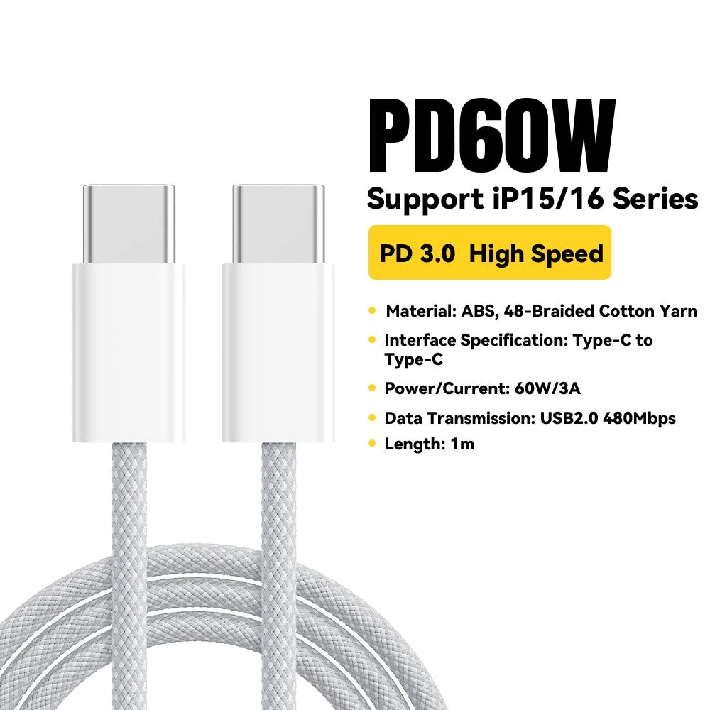ESSAGER 1m Type-C to Type-C 60W Fast Charging Cord Braided Data Cable - 2