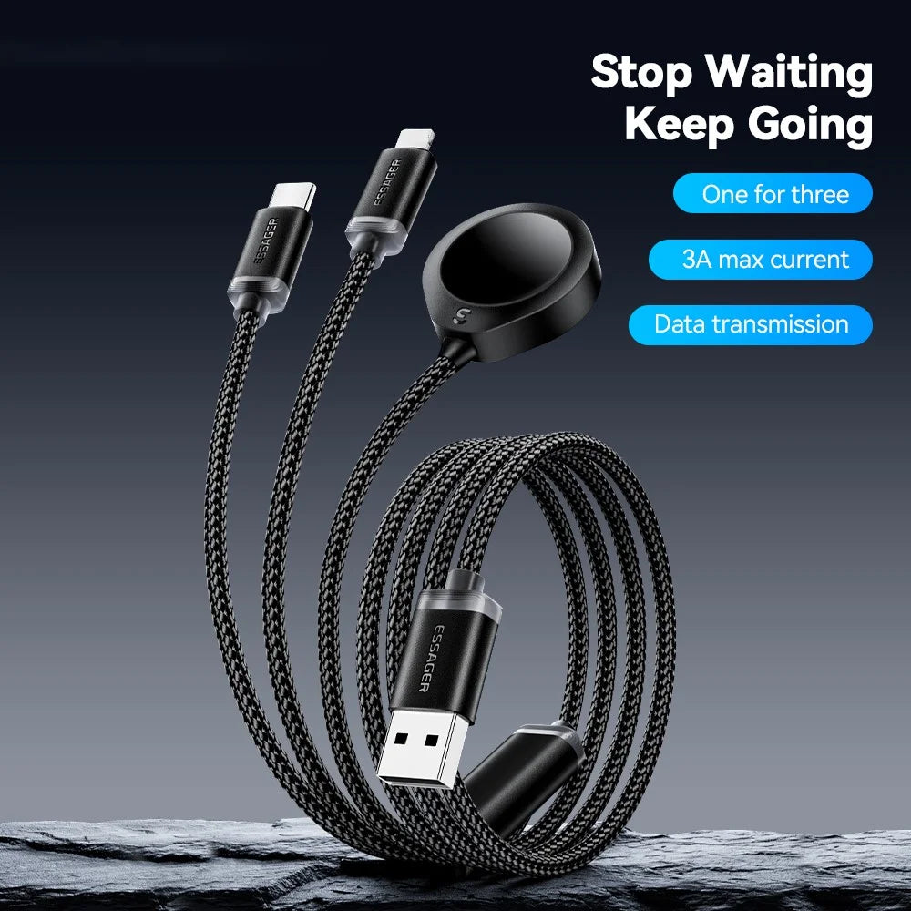 ESSAGER 1.2m USB to Type-C + 8-pin + for Apple Watch Wireless Charging Dock Braided Charge Cable - 2