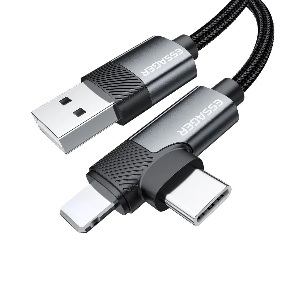 ESSAGER 1m USB-A to iP + Type-C 90 Degree Right Angle 3A Fast Charging Data Cable - 1