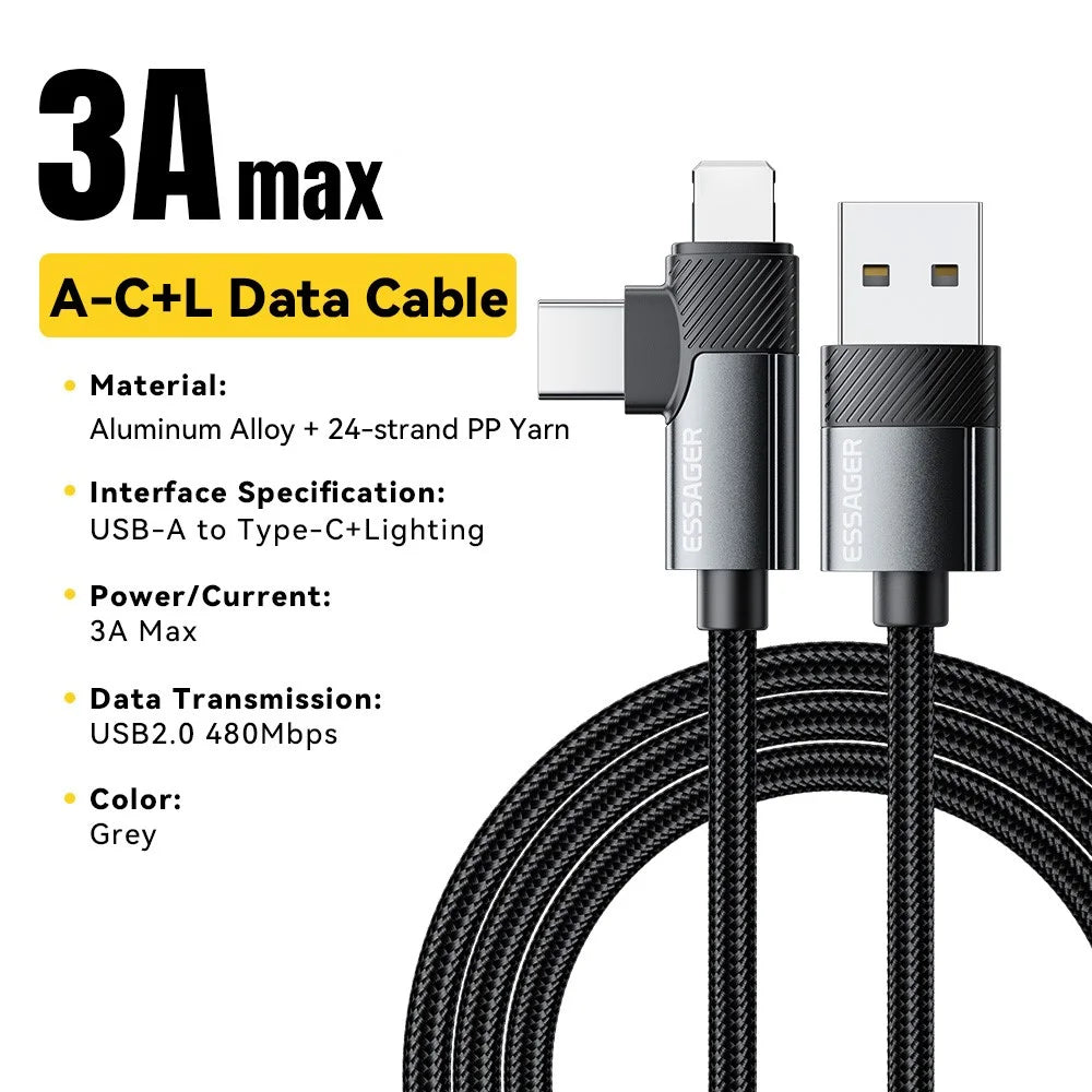 ESSAGER 1m USB-A to iP + Type-C 90 Degree Right Angle 3A Fast Charging Data Cable - 2