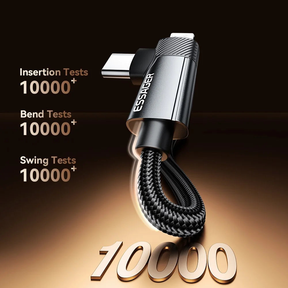 ESSAGER 1m USB-A to iP + Type-C 90 Degree Right Angle 3A Fast Charging Data Cable - 4
