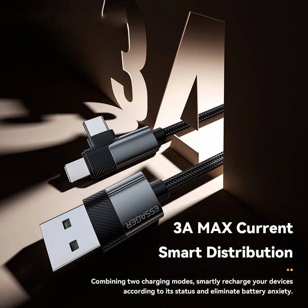 ESSAGER 1m USB-A to iP + Type-C 90 Degree Right Angle 3A Fast Charging Data Cable - 7
