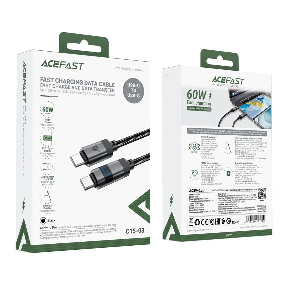 ACEFAST C15-03 1.2m USB-C to USB-C Charging Cable LED Power Display Braided Data Cord - 6