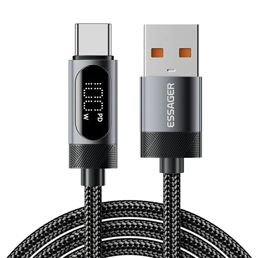 ESSAGER 1m USB to Type-C 7A Fast Charging Cable Data Sync Digital Display Braided Cord - 1