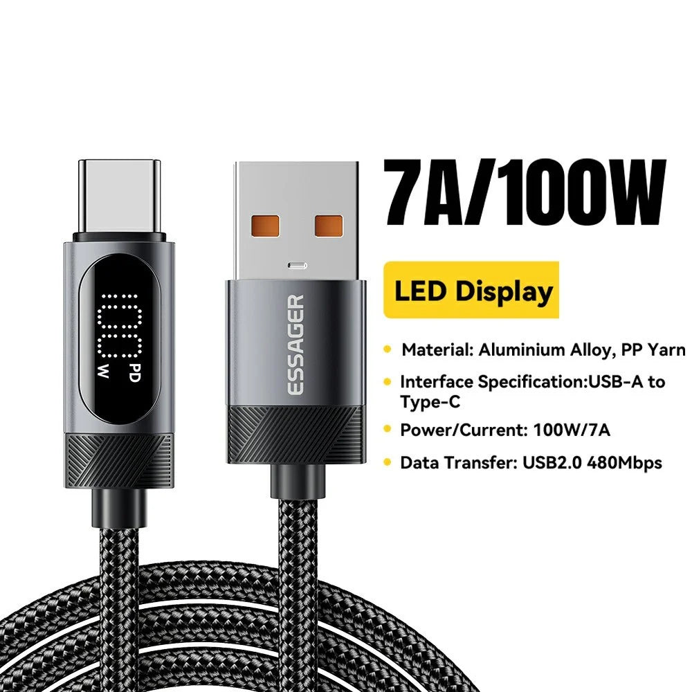 ESSAGER 1m USB to Type-C 7A Fast Charging Cable Data Sync Digital Display Braided Cord - 2