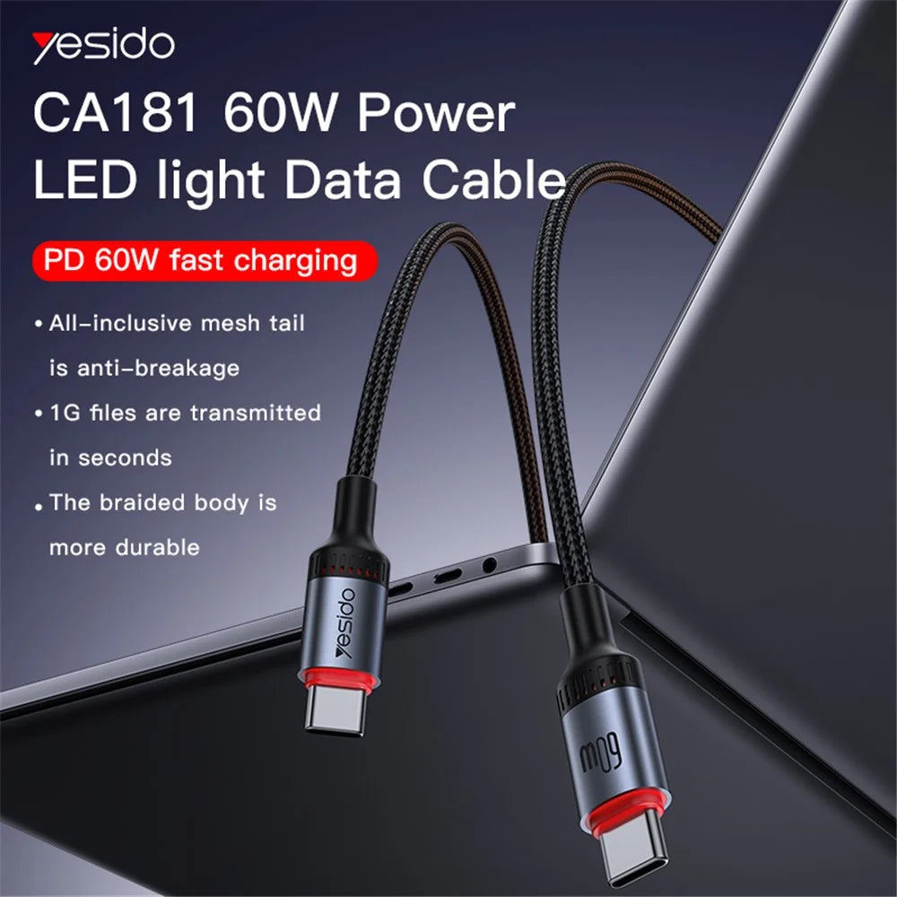 YESIDO CA181 1.2m USB C to USB C 60W Fast Charging Cable Aluminum Alloy Shell Data Cord - 2