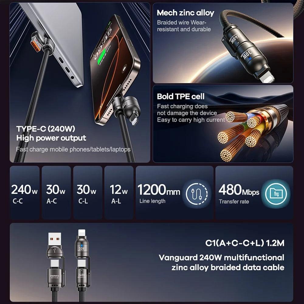 REMAX C1 240W 4 in 1 Multi-Charging Cable 1.2m / 3.9ft L Port / Type-C / USB-A Fast Charging Cord for Tablets / Phones - 2