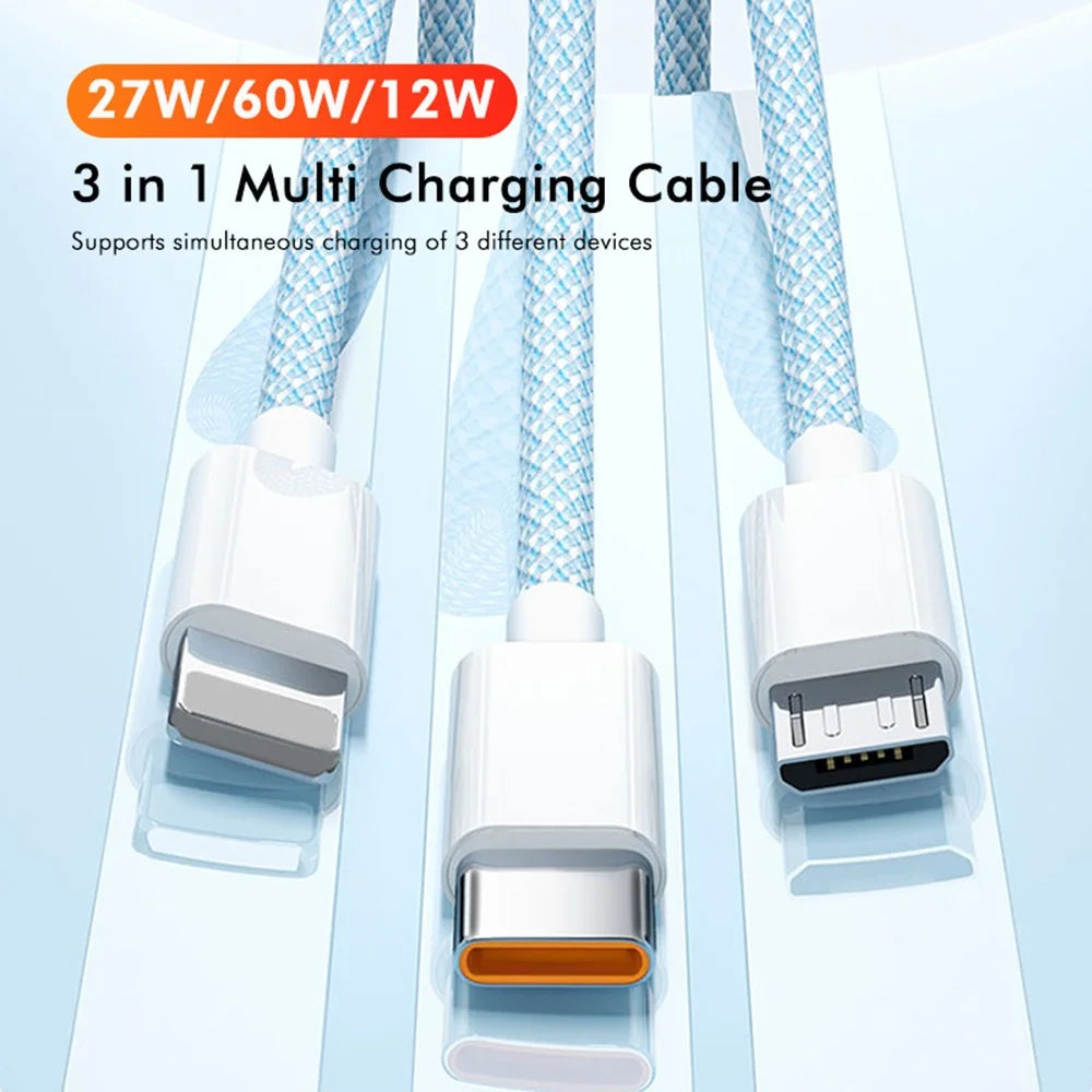 ENKAY 1m 3 in 1 USB to iP / Type-C / Micro USB 60W Charging Data Cable Braided Wire - Blue - 2