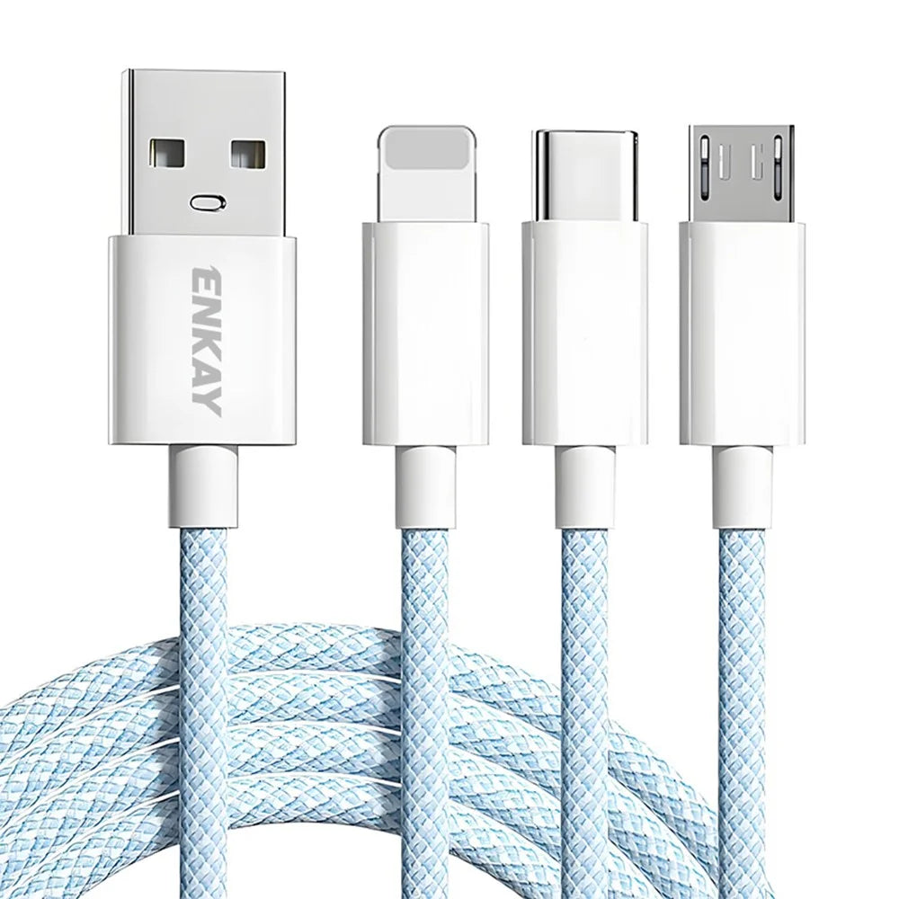 ENKAY 1.5m 3 in 1 USB to iP / Type-C / Micro USB 60W Charging Data Cable Braided Wire - Blue - 1