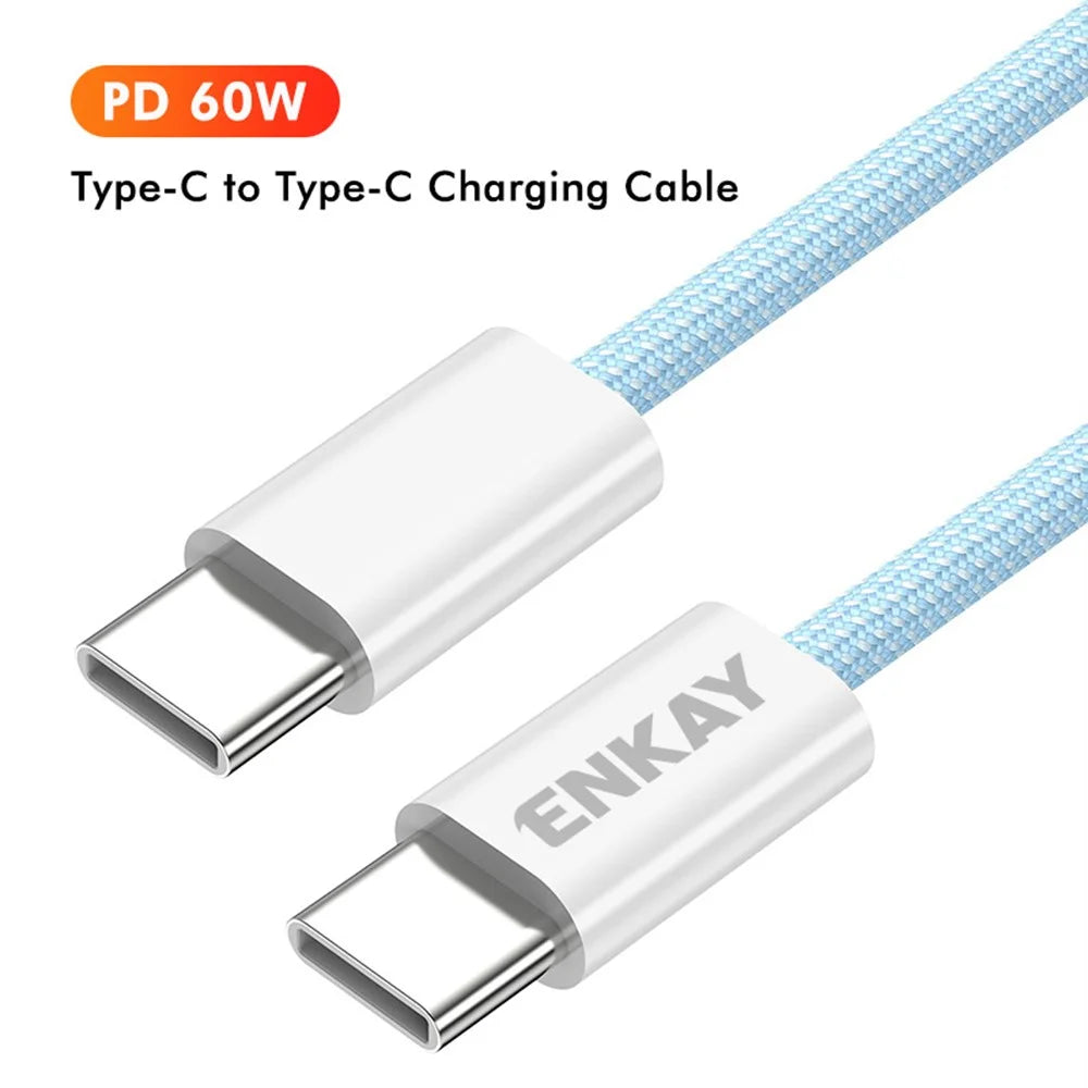 ENKAY 1m 60W Type-C to Type-C Fast Charging Cable Braided Phone Data Cord - Blue - 2