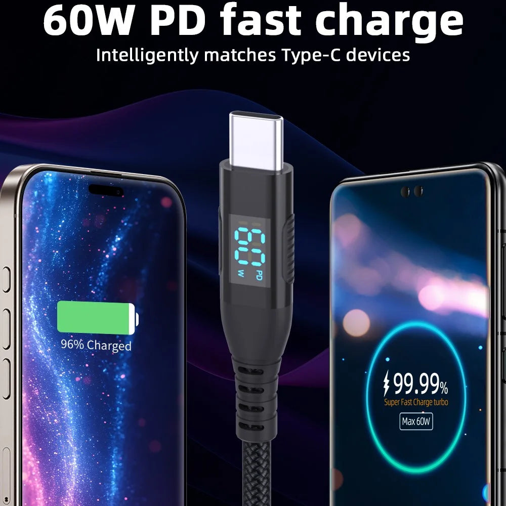 2m USB-C to USB-C Cable Digital Display 3A / 20V 60W Fast Charging Braided Data Cord for Smartphones Tablets - Black - 5