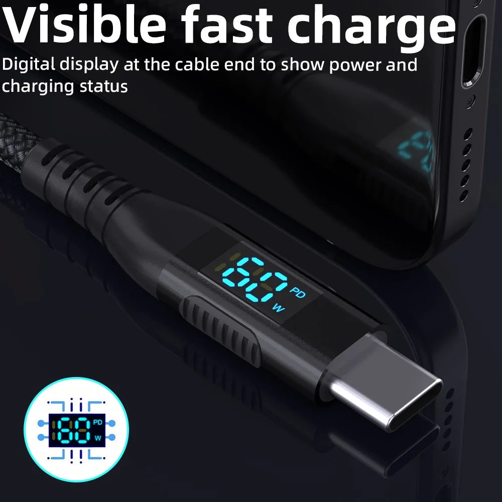 2m USB-C to USB-C Cable Digital Display 3A / 20V 60W Fast Charging Braided Data Cord for Smartphones Tablets - Black - 6