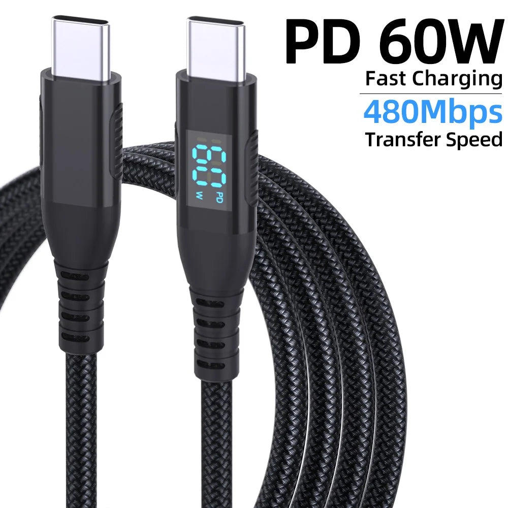 3m USB-C to USB-C Cable Digital Display 3A / 20V 60W Fast Charging Braided Data Cord for Smartphones Tablets - Black - 2