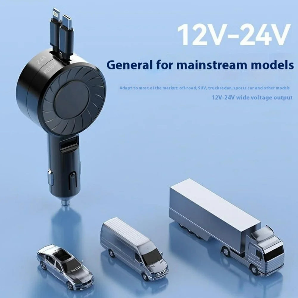 Turbine Blade Design Car Charger with Type-C  /  iP Retractable Cable Dual Port PD Super Fast Charging Cable - 2